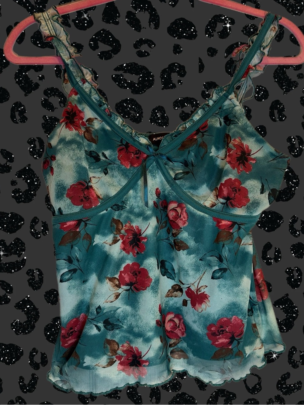 Teal Floral Camisole with Pink Roses